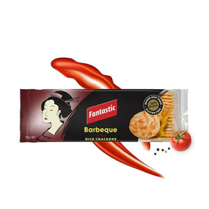 Fantastic Barbeque flavour rice crackers pack with tomato, spices, and barbecue sauce splash