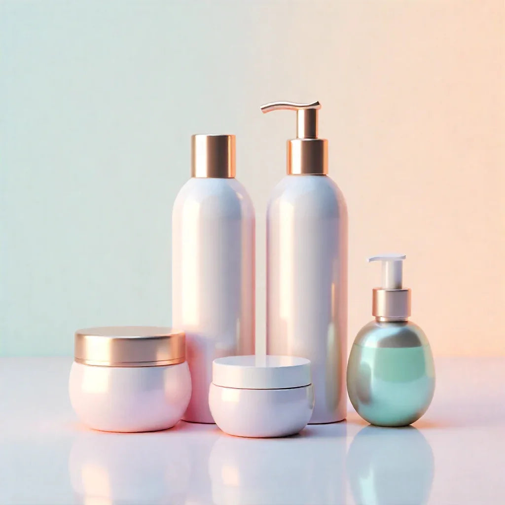 Set of skincare products including bottles and jars on a gradient background