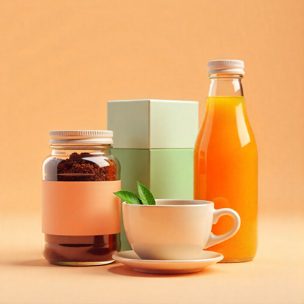 Jar of coffee, cup with saucer, bottle of juice, and gift box on a peach background