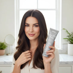 Woman with long dark hair holding a tube of Umberto Giannini Blow Out Frizz styling cream in a bright bathroom