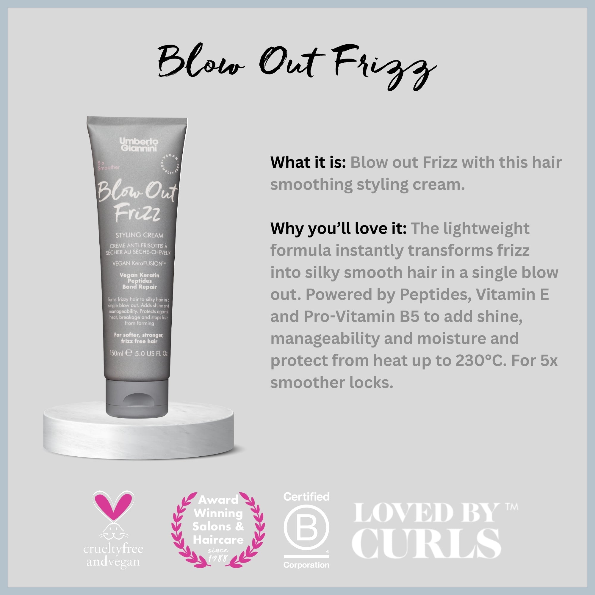 Umberto Giannini Blow Out Frizz styling cream tube on white pedestal with product benefits text