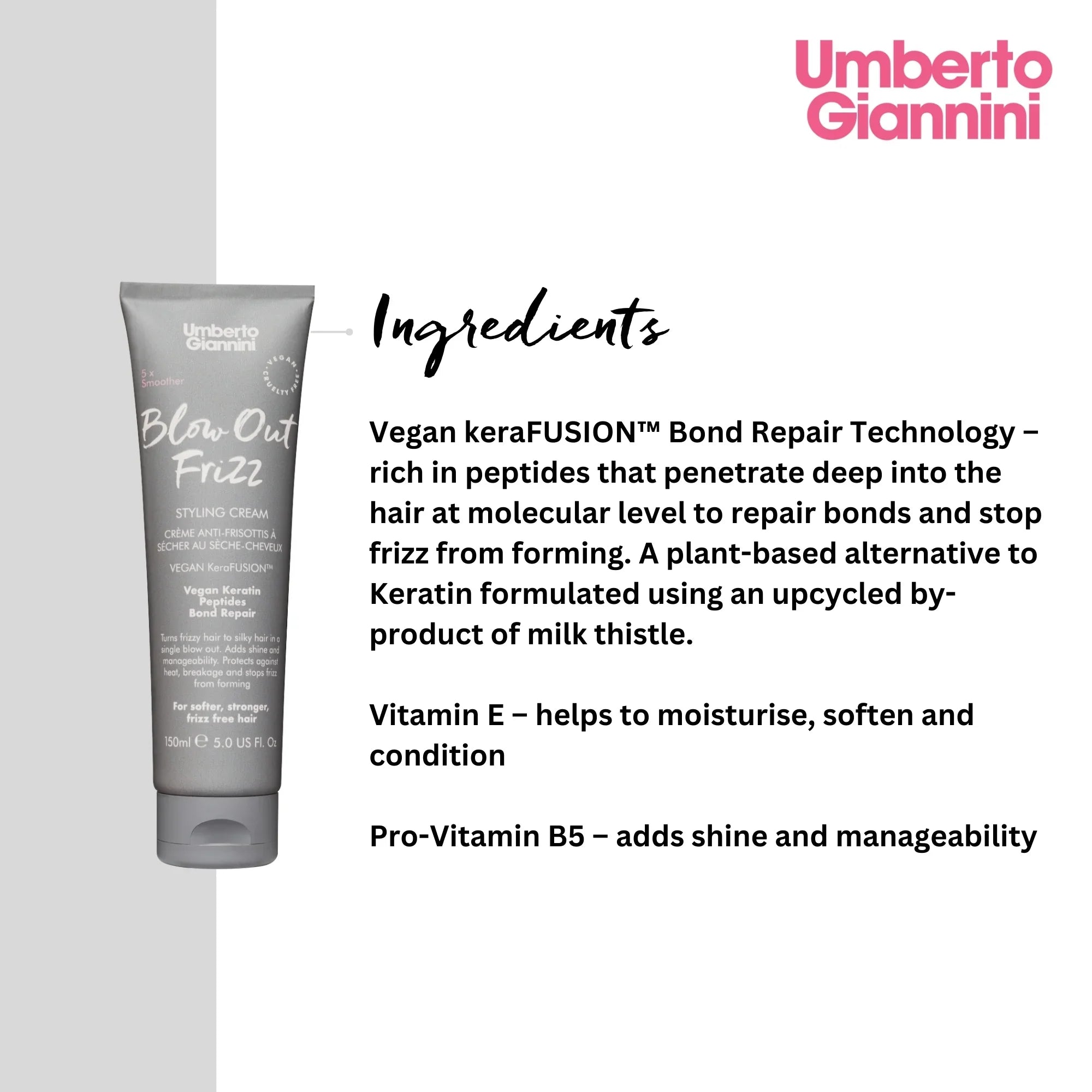 Umberto Giannini Blow Out Frizz Styling Cream tube with ingredients and benefits text on a white and grey background