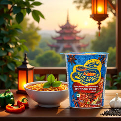 Blue Dragon Spicy Schezwan instant noodles cup with bowl of noodles, bell peppers, garlic, peppercorns, and lantern at sunset