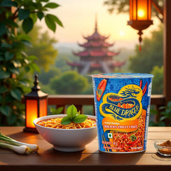 Blue Dragon Sriracha Chilli Sauce instant noodles cup with bowl of noodles, green onions, and Asian lanterns at sunset