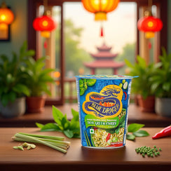 Blue Dragon Thai Green Curry instant noodles cup on wooden table with fresh herbs and red chili in cozy Asian-themed setting