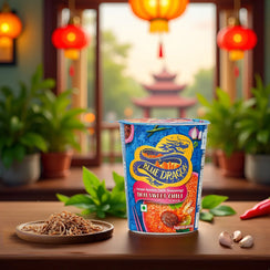 Blue Dragon Thai Sweet Chili instant noodles cup on wooden table with garlic cloves and dried garnish