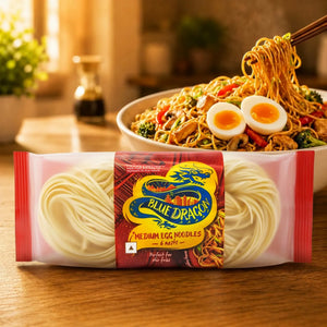 Blue Dragon Medium Egg Noodles package with stir-fry dish featuring noodles, veggies, and soft-boiled eggs