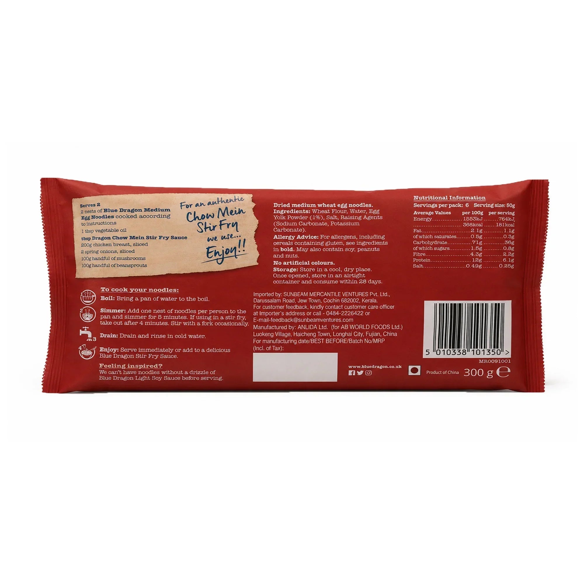 Blue Dragon Medium Egg Noodles back label with cooking instructions, ingredients, and nutritional info for chow mein stir fry