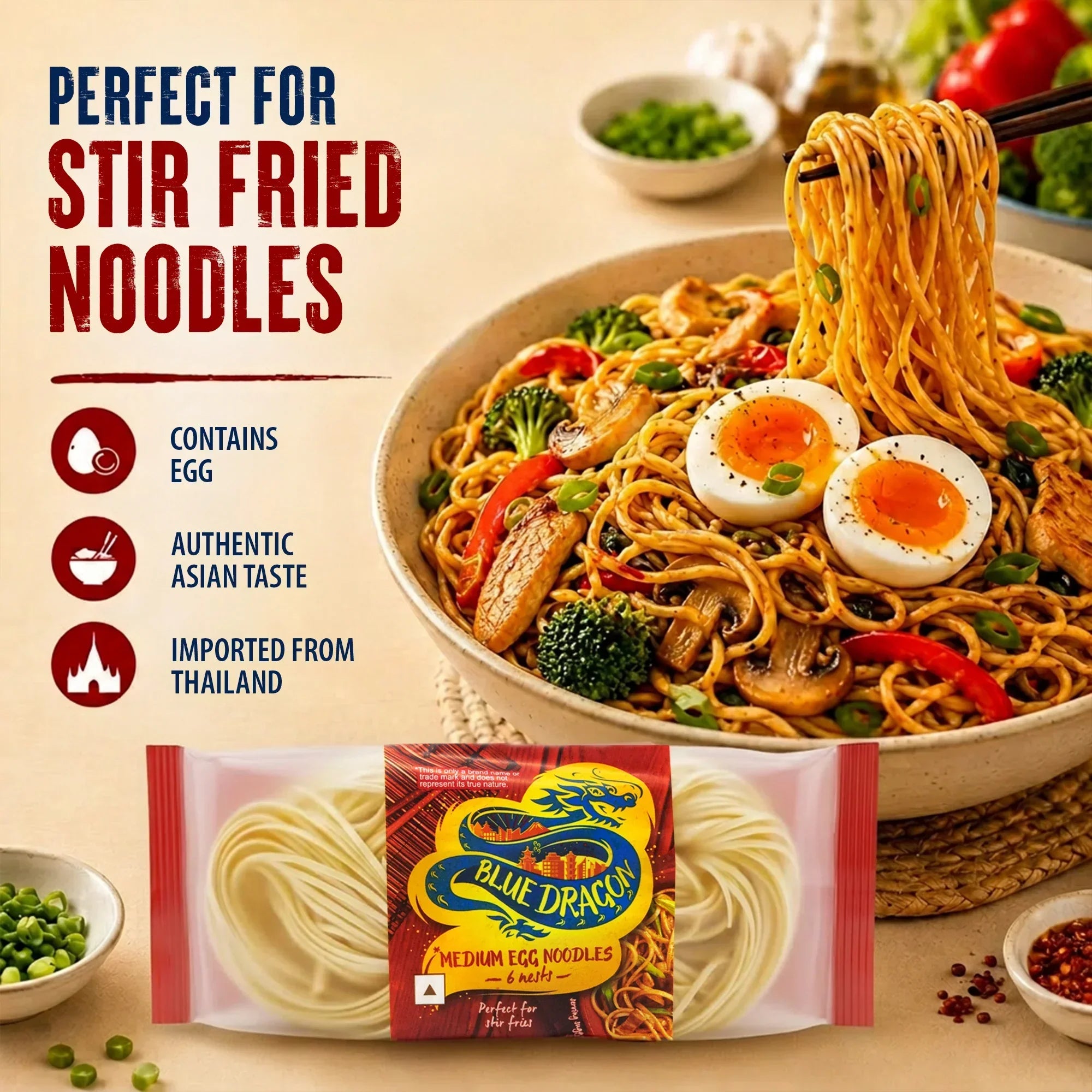 Blue Dragon Medium Egg Noodles for stir fry, imported from Thailand, with veggies and egg