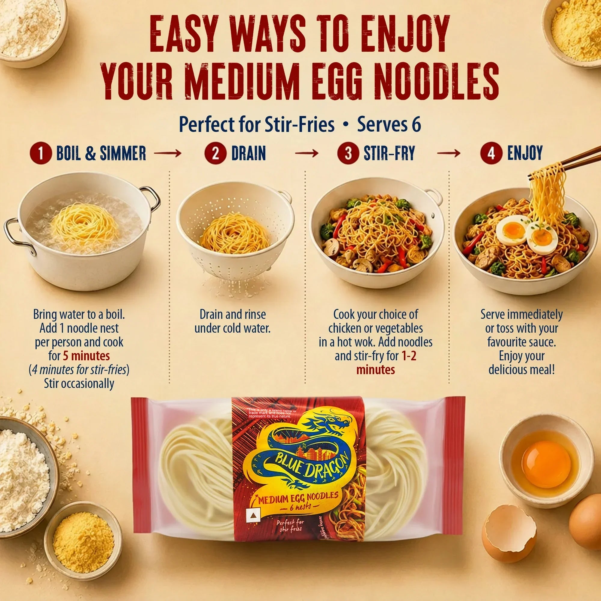 Blue Dragon Medium Egg Noodles cooking guide: boil, drain, stir-fry, enjoy with veggies or chicken