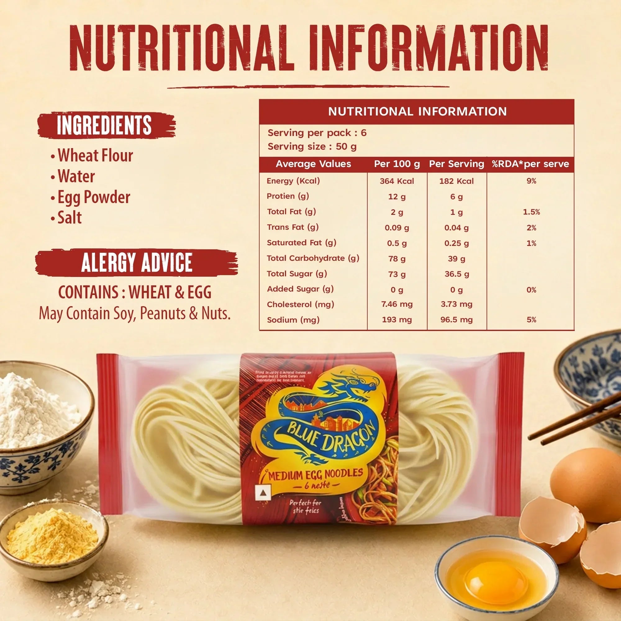Blue Dragon Medium Egg Noodles nutritional info, ingredients, and allergy advice with wheat, egg, and soy details