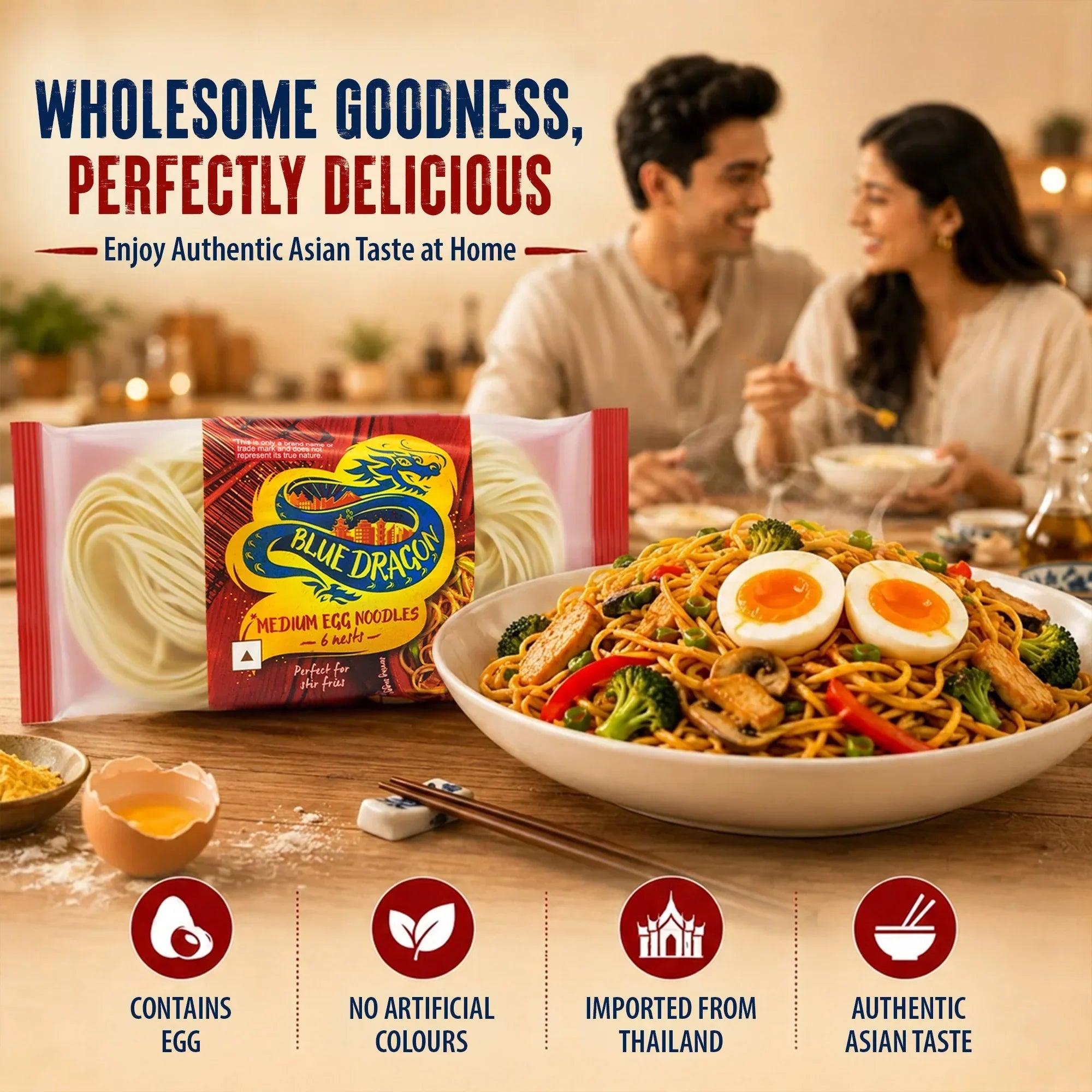Blue Dragon Medium Egg Noodles with stir-fried veggies, eggs, and authentic Asian taste, imported from Thailand