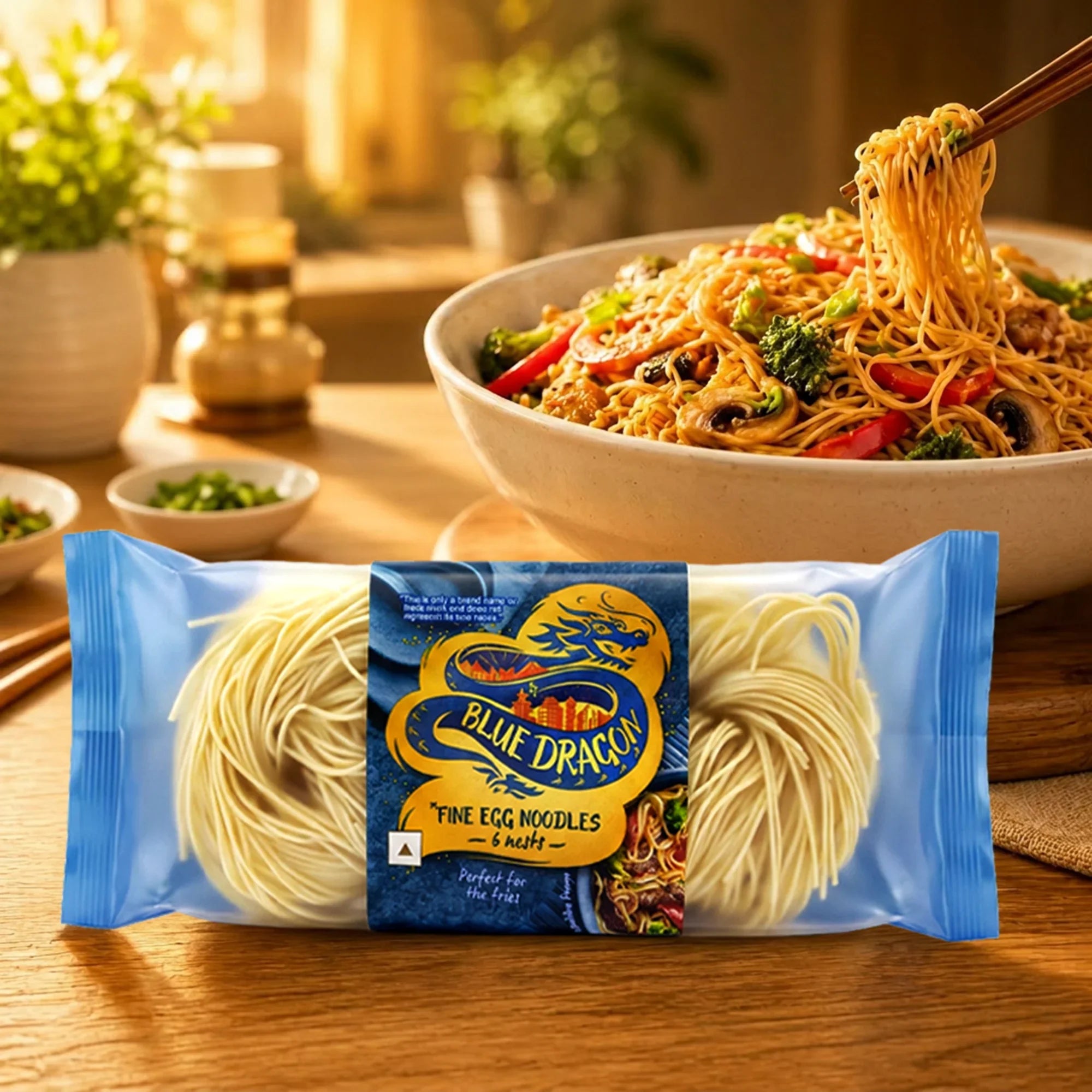 Blue Dragon fine egg noodles with stir-fried veggies and mushrooms in a bowl