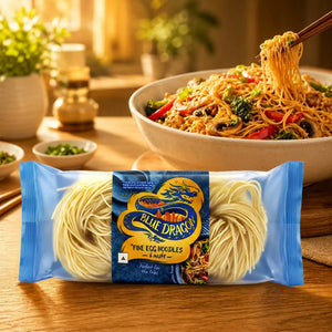 Blue Dragon fine egg noodles with stir-fried veggies and mushrooms in a bowl