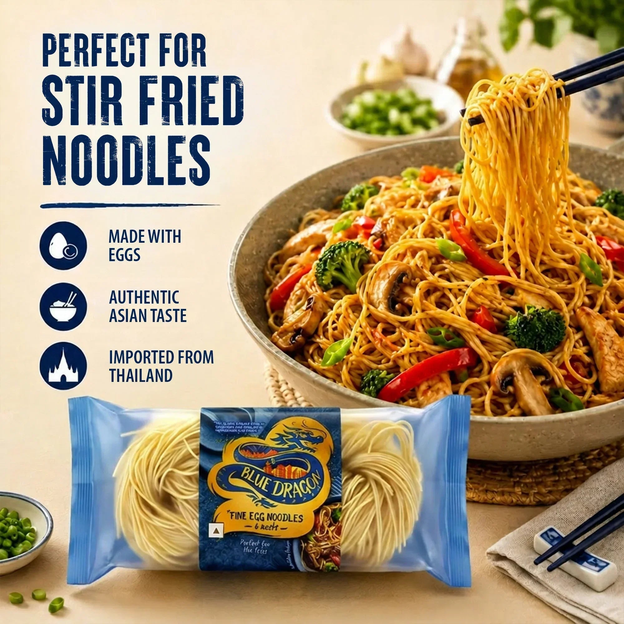 Blue Dragon Fine Egg Noodles for stir fry, imported from Thailand, with broccoli, mushrooms, and peppers in a bowl