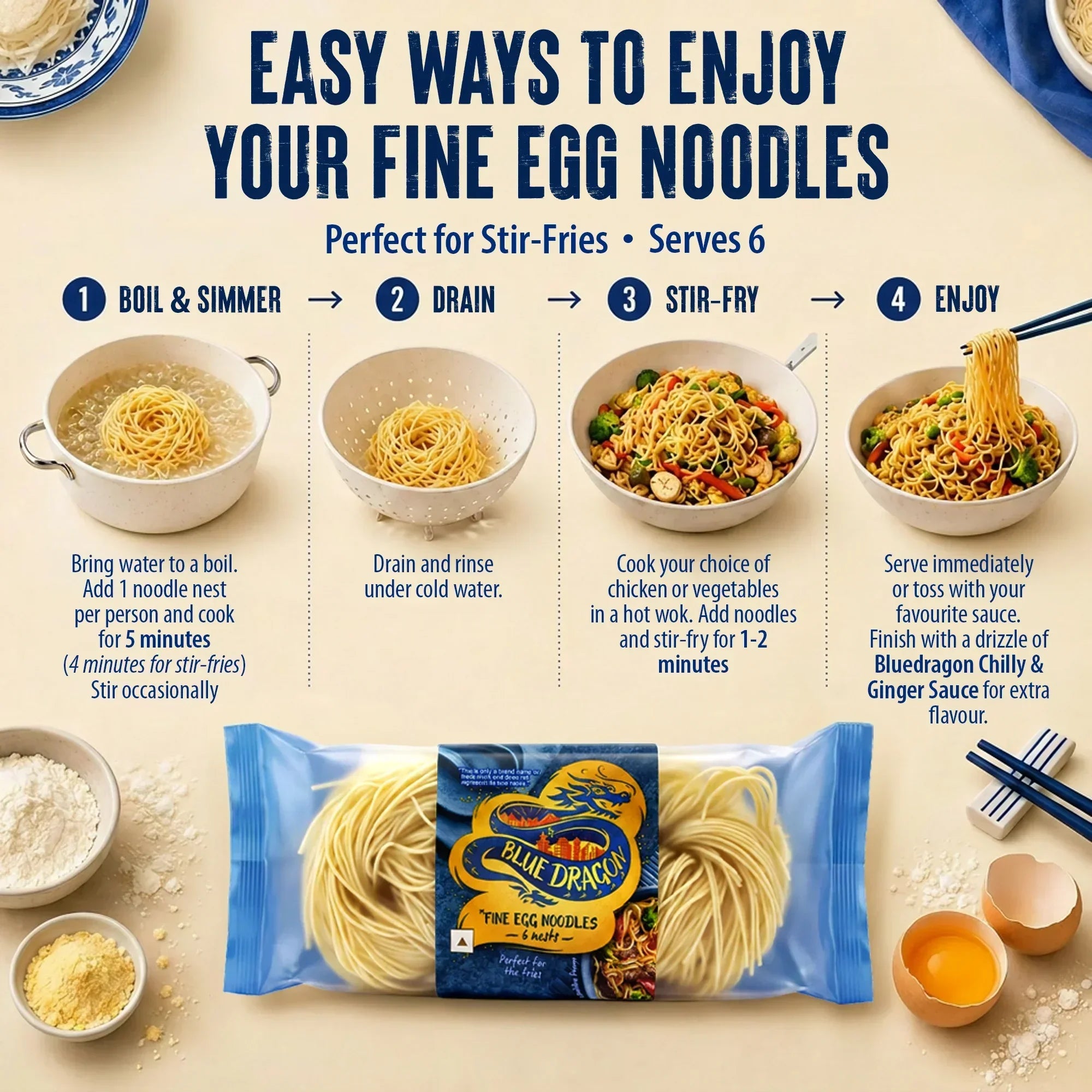 Blue Dragon Fine Egg Noodles cooking guide: boil, drain, stir-fry, enjoy with sauce – perfect for stir-fries