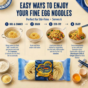 Blue Dragon Fine Egg Noodles cooking guide: boil, drain, stir-fry, enjoy with sauce – perfect for stir-fries
