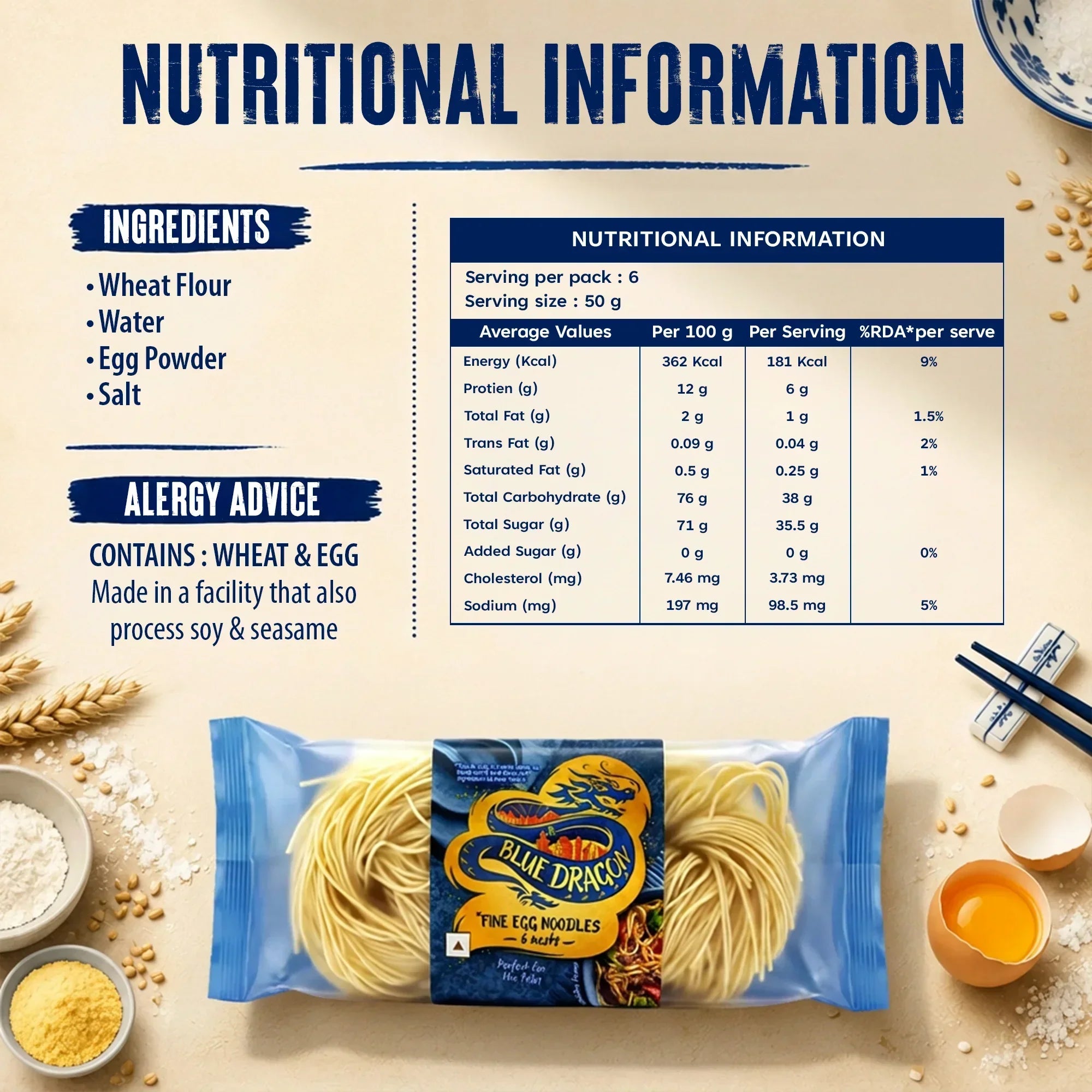 Blue Dragon Fine Egg Noodles nutritional info, ingredients, and allergy advice with wheat, egg, and packaging details