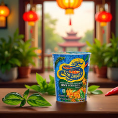 Blue Dragon Spicy Holy Basil instant noodle cup with fresh basil leaves and red lanterns in background