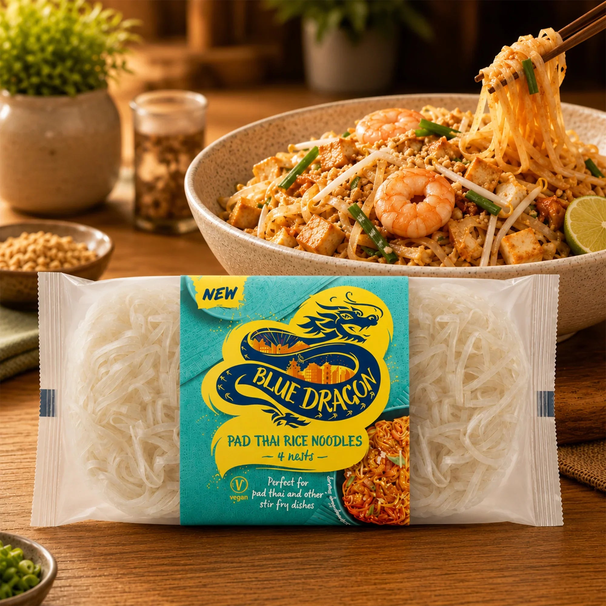 Blue Dragon Pad Thai Rice Noodles with shrimp stir fry dish, vegan, perfect for Asian cuisine