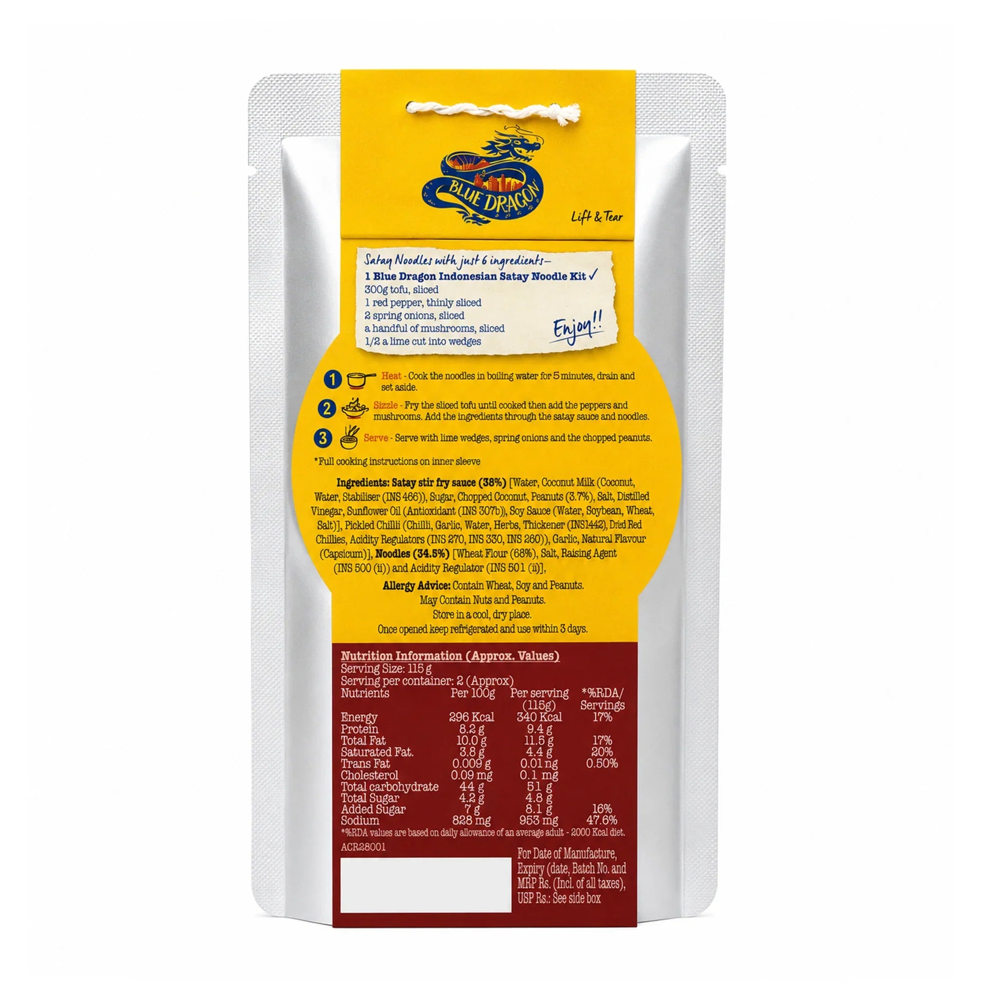 Blue Dragon Indonesian Satay Noodle Kit with cooking instructions and nutrition info