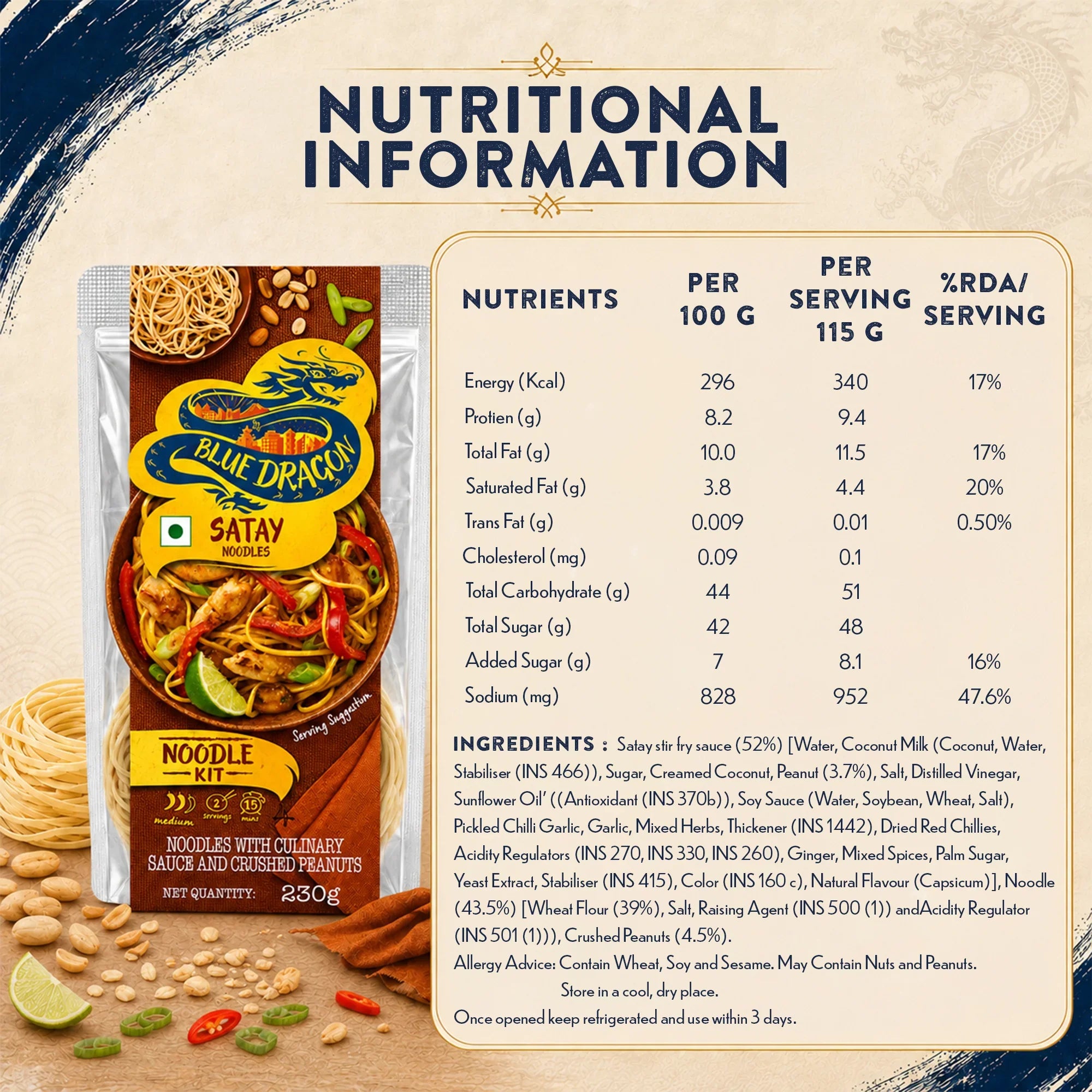 Blue Dragon Satay Noodles Kit nutritional info, ingredients, and serving details for gourmet FMCG import