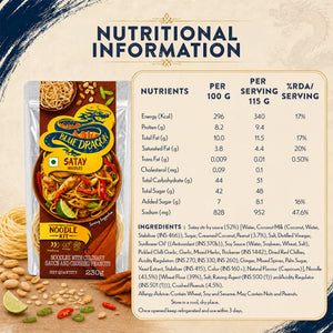 Blue Dragon Satay Noodles Kit nutritional info, ingredients, and serving details for gourmet FMCG import