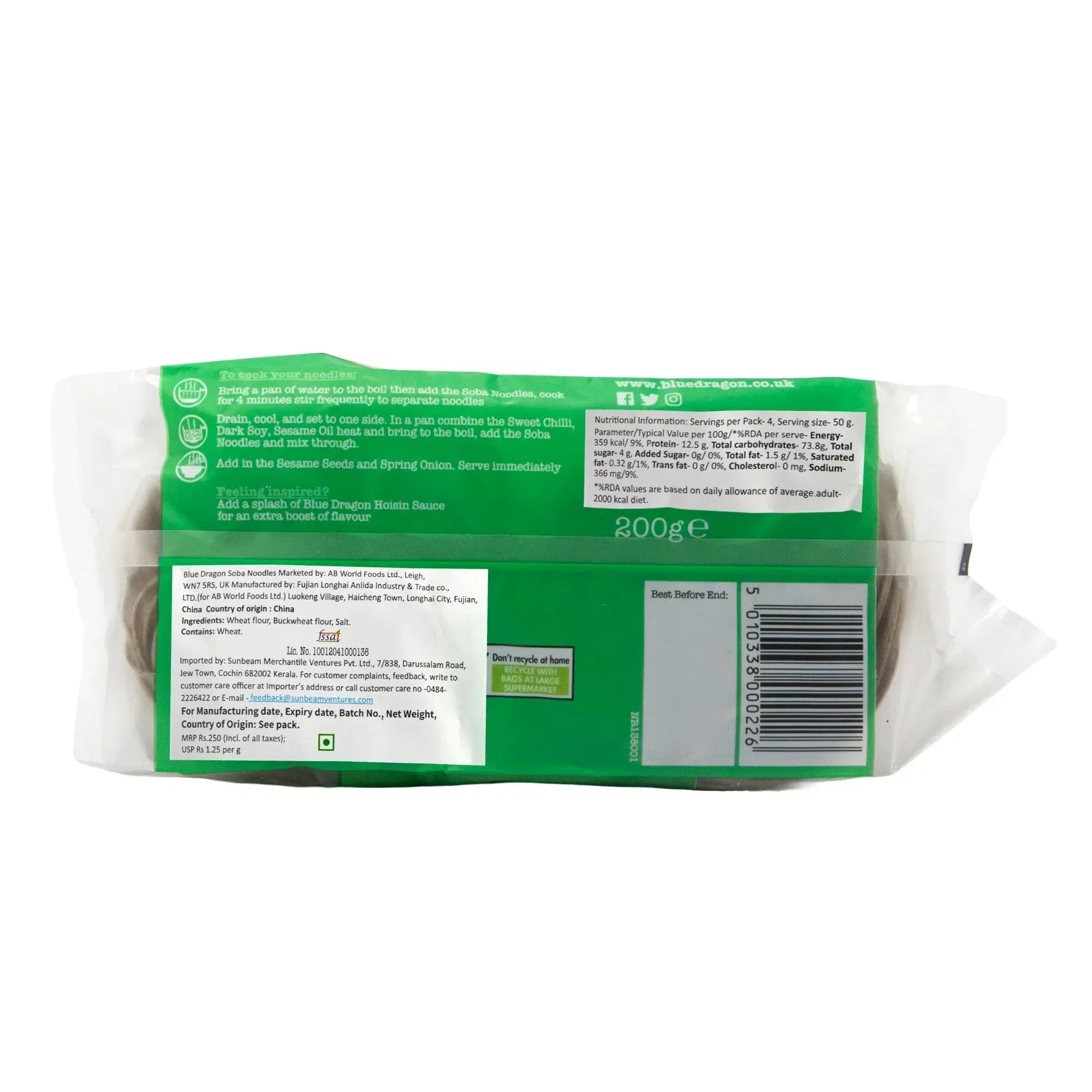 Blue Dragon Soba Noodles 200g package back view with cooking instructions, nutrition facts, and import details for India