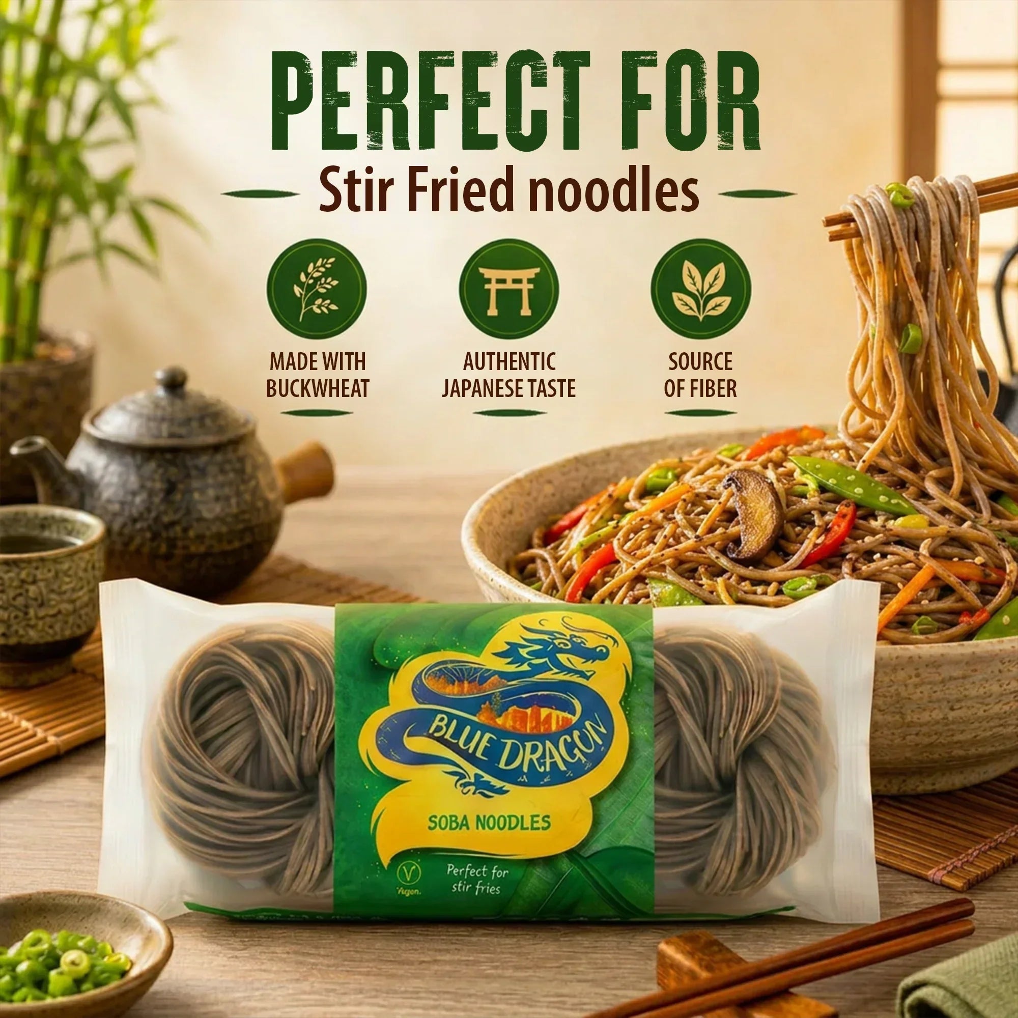 Blue Dragon Soba Noodles, buckwheat-based, authentic Japanese taste, ideal for stir-fried dishes, fiber-rich