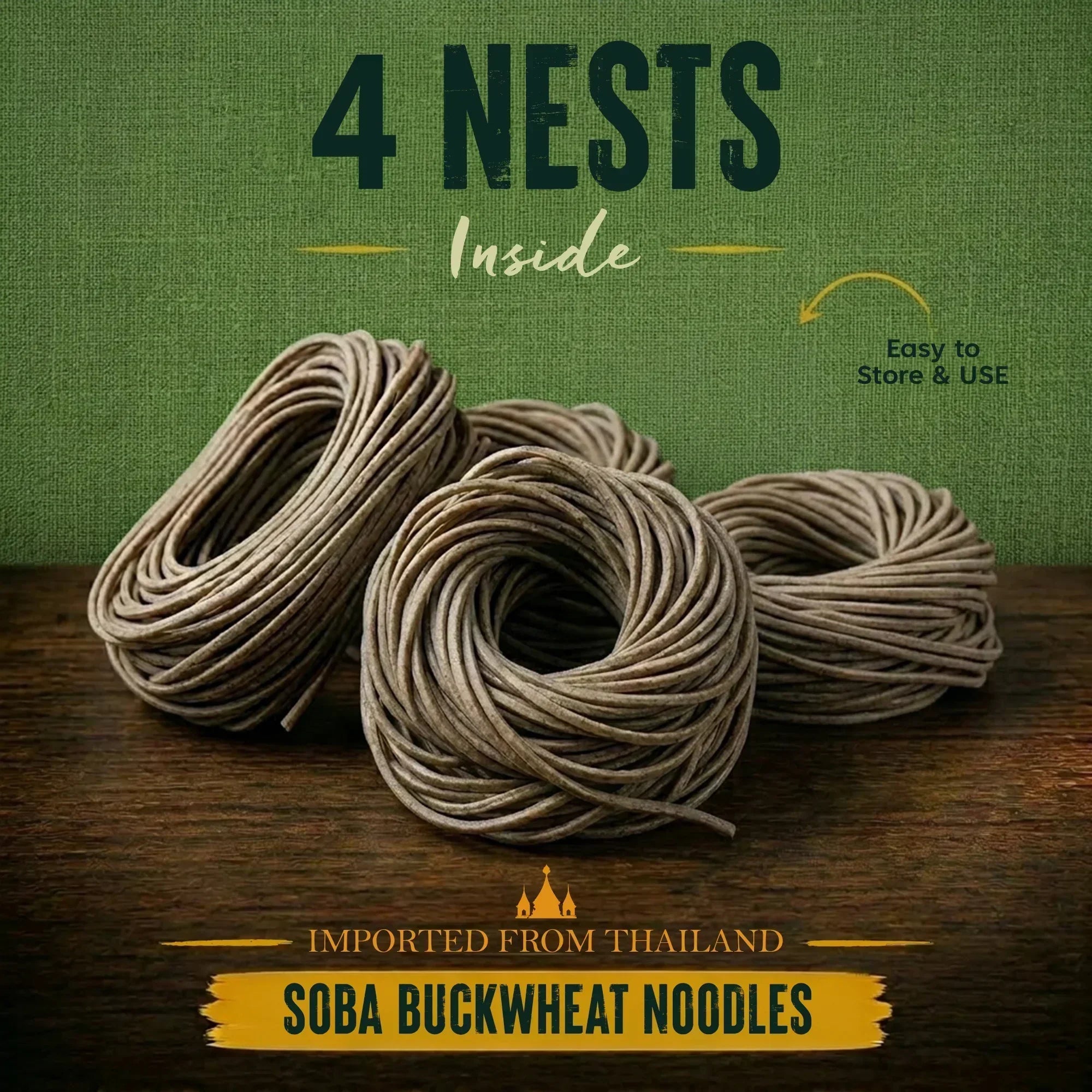 4 nests of imported Thai soba buckwheat noodles, easy to store & use, on wooden surface