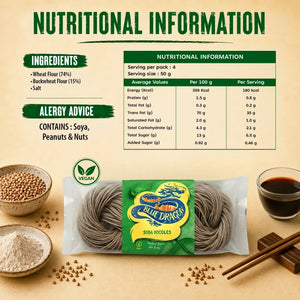 Blue Dragon Soba Noodles package with nutritional info, vegan label, soybeans, flour, and chopsticks
