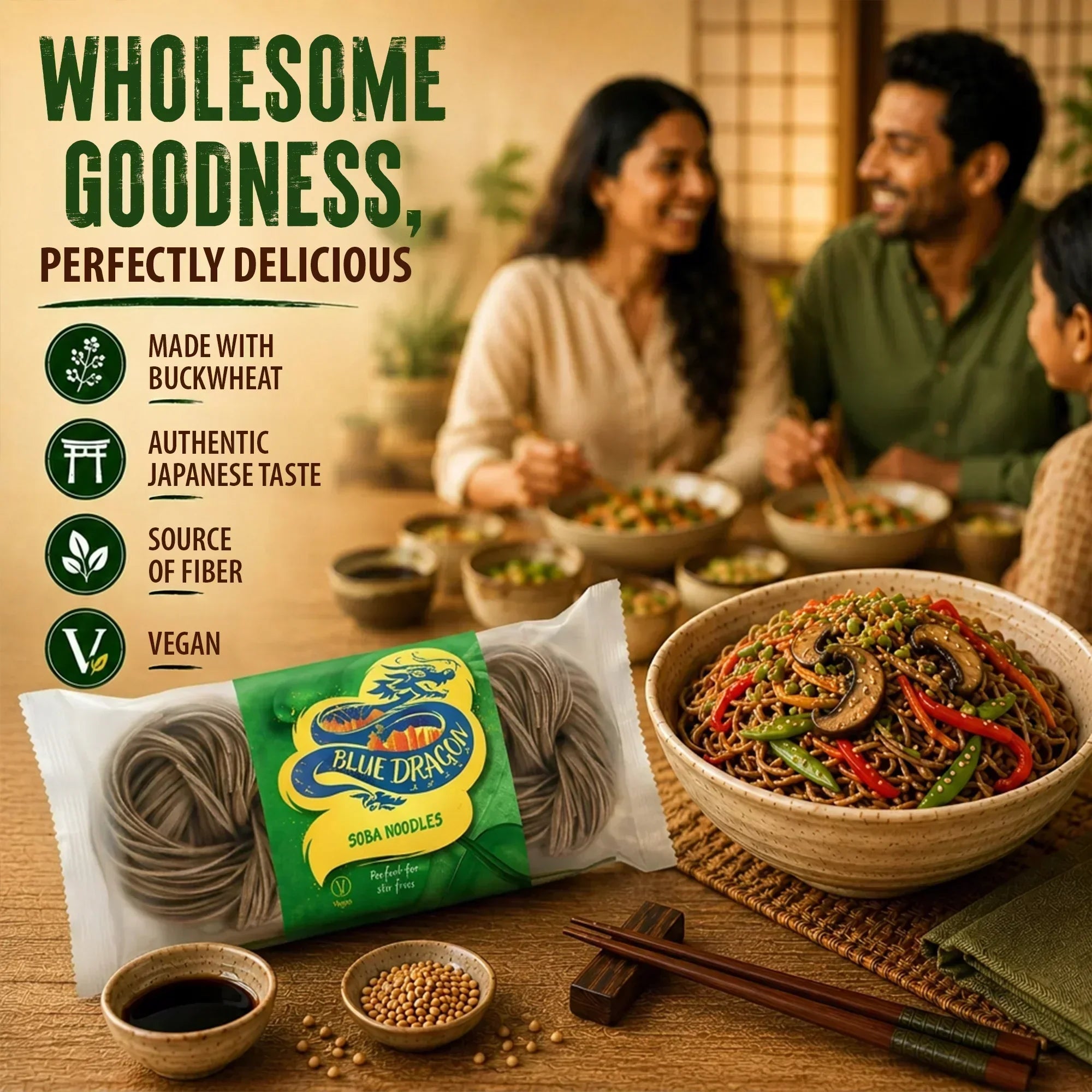 Blue Dragon Soba Noodles with buckwheat, vegan, fiber-rich, authentic Japanese taste, served with stir-fry veggies