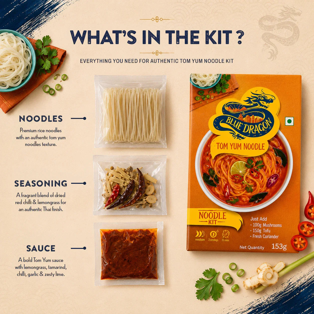 Blue Dragon Tom Yum Noodle Kit with noodles, seasoning, and sauce for authentic Thai flavor