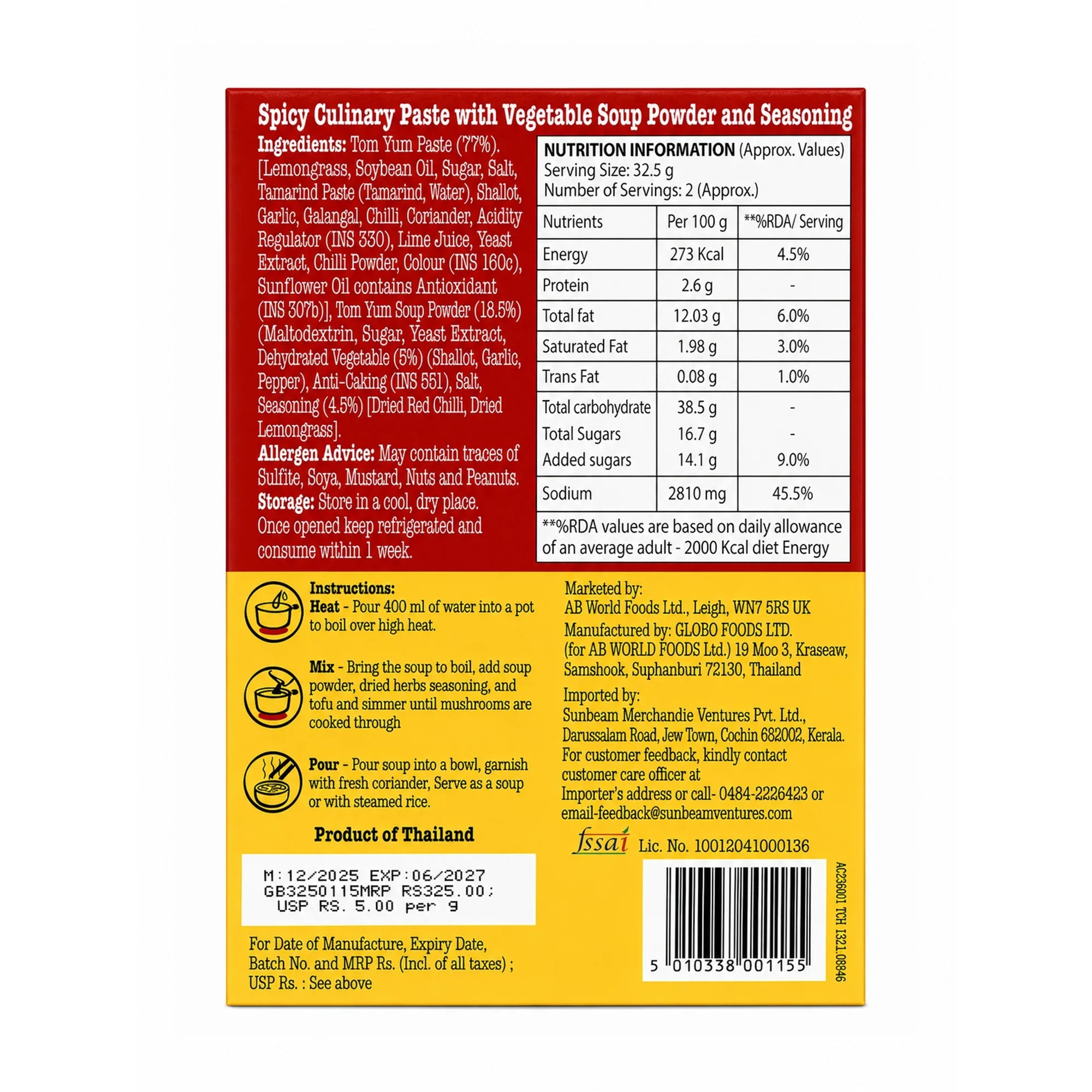 Spicy Tom Yum paste with soup powder & seasoning, Thai gourmet food, nutrition facts, cooking instructions