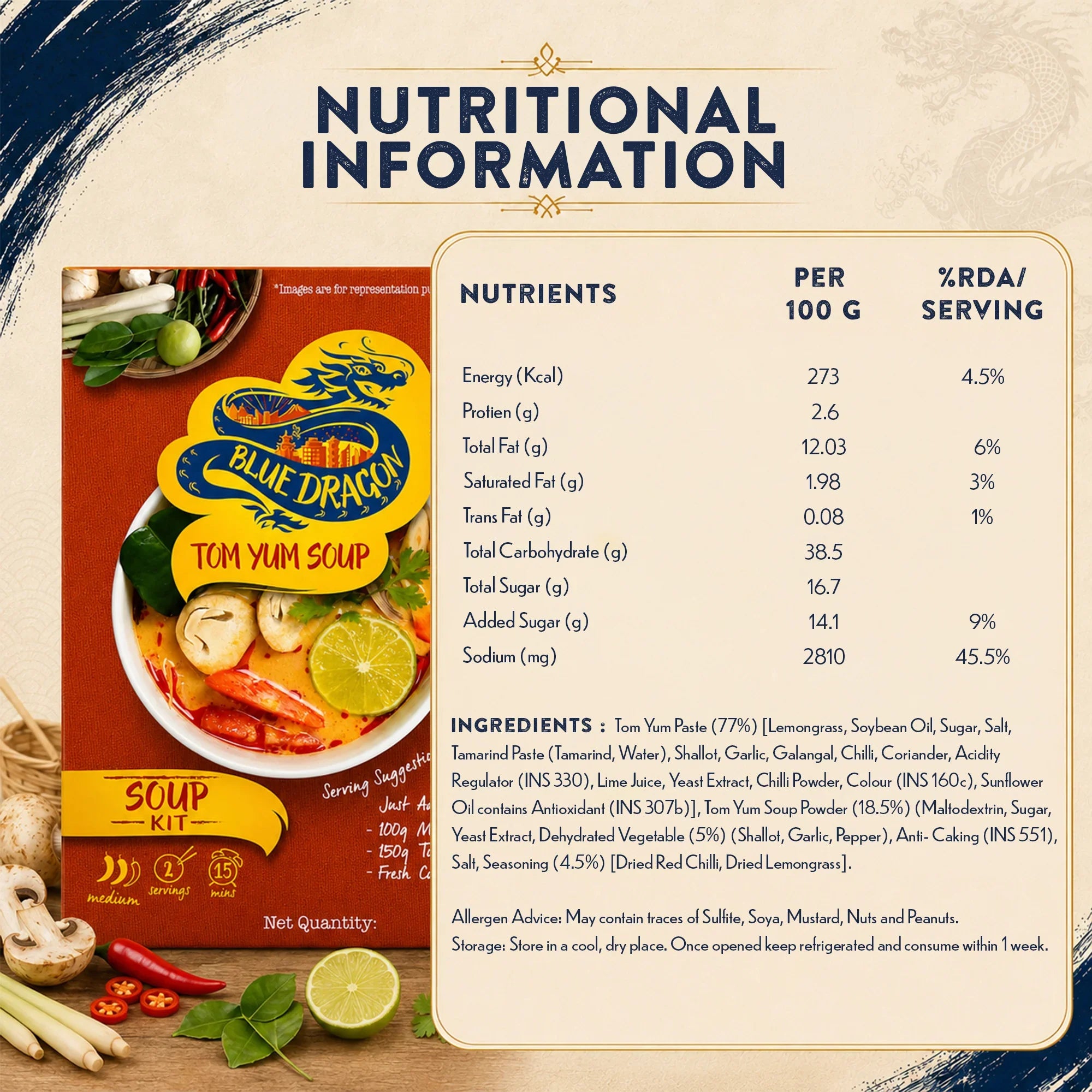 Blue Dragon Tom Yum Soup Kit nutritional info, ingredients, and allergen details for gourmet Asian cuisine