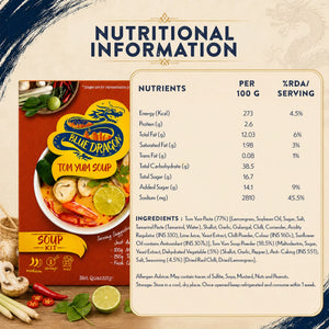 Blue Dragon Tom Yum Soup Kit nutritional info, ingredients, and allergen details for gourmet Asian cuisine