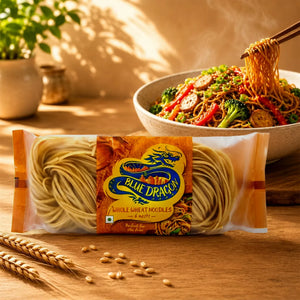Blue Dragon Whole Wheat Noodles with stir-fried veggies and steam rising, perfect for healthy meals.