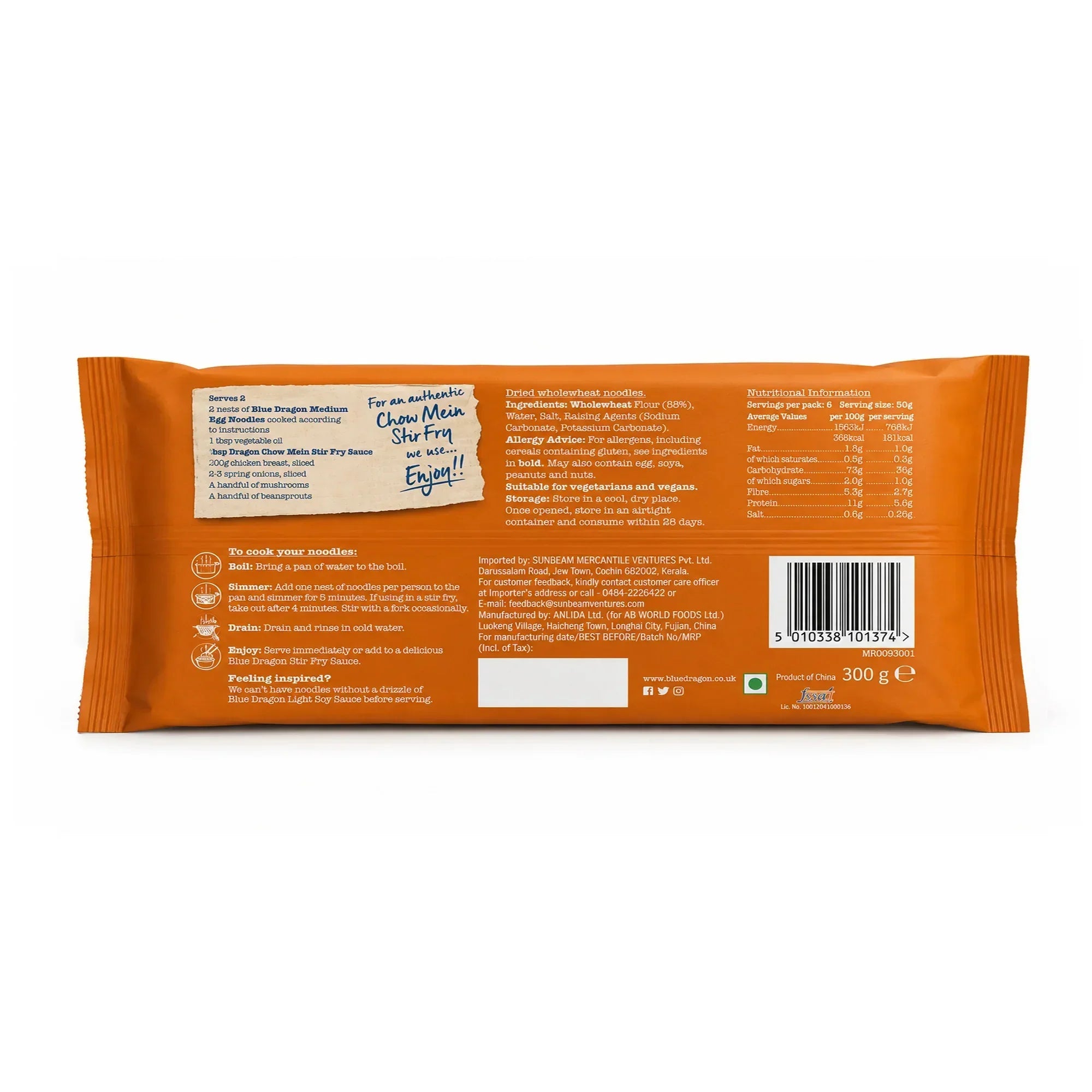 Blue Dragon Medium Egg Noodles package with cooking instructions and nutritional info