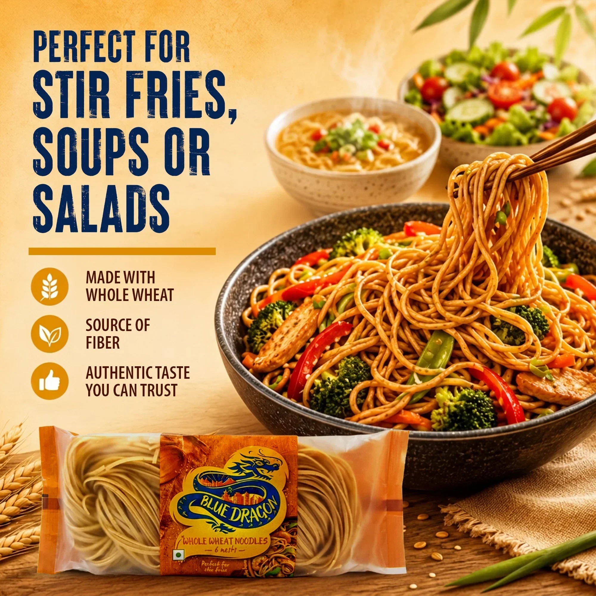 Blue Dragon whole wheat noodles for stir fries, soups, or salads with veggies and chicken