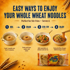 Blue Dragon Whole Wheat Noodles cooking guide: boil, drain, stir-fry, enjoy with veggies or chicken