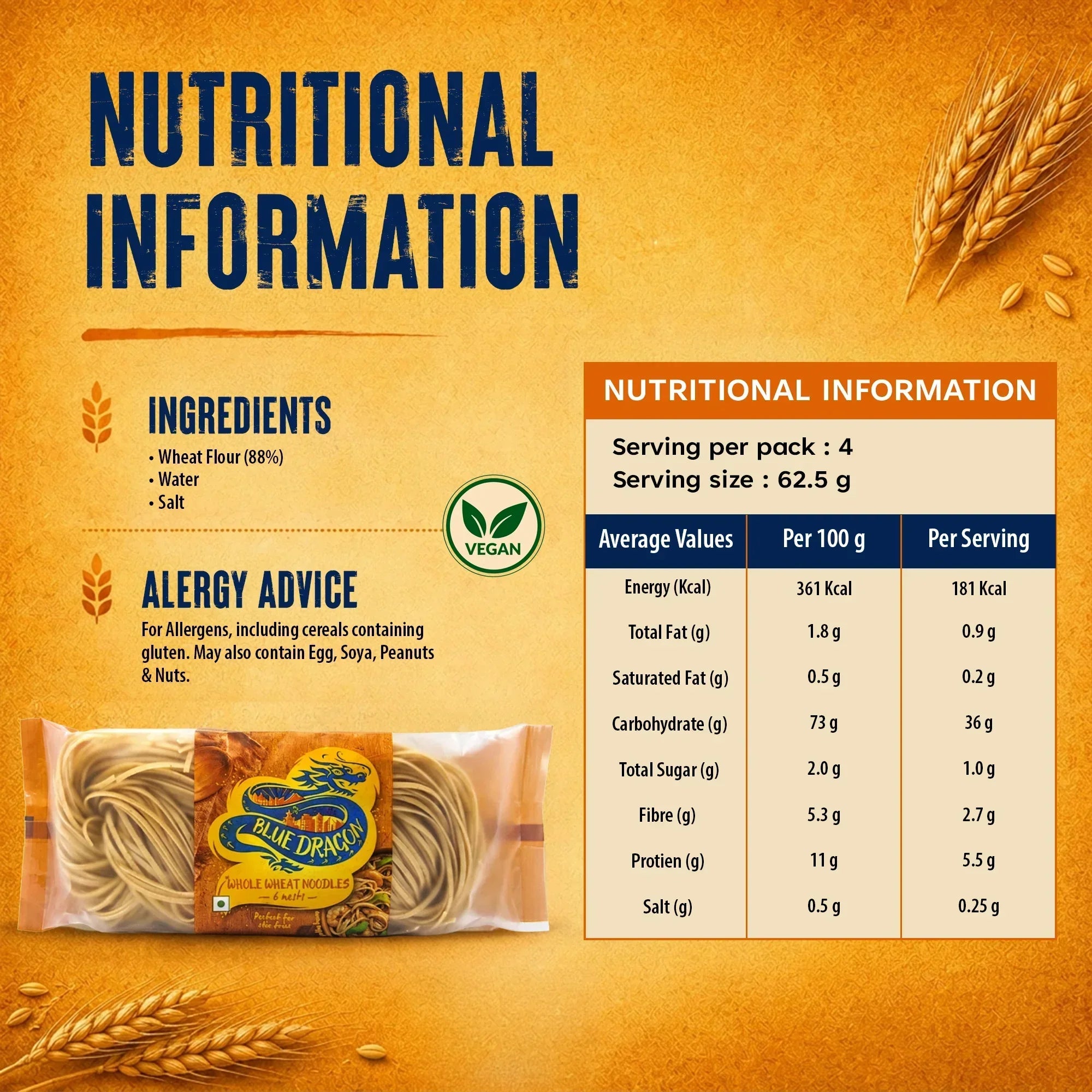 Blue Dragon Whole Wheat Noodles nutritional info, vegan, gluten-free, with wheat flour ingredients and allergy advice
