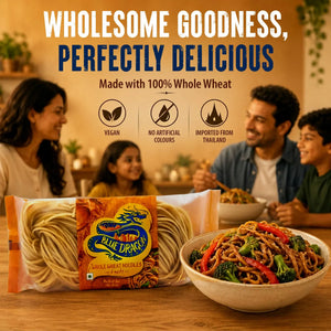 Blue Dragon whole wheat noodles, vegan, no artificial colors, imported from Thailand, served with veggies in a bowl, family dining background