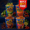 Four Blue Dragon instant noodles cups arranged on a dark blue background with chili peppers, herbs, garlic, and a red 'BUY 2 GET 2 FREE' promotional badge. The cups show different flavor labels including Thai Green Curry, Mackerel Chilli Sauce, Thai Sweet Chilli, and Red Hot Chili.