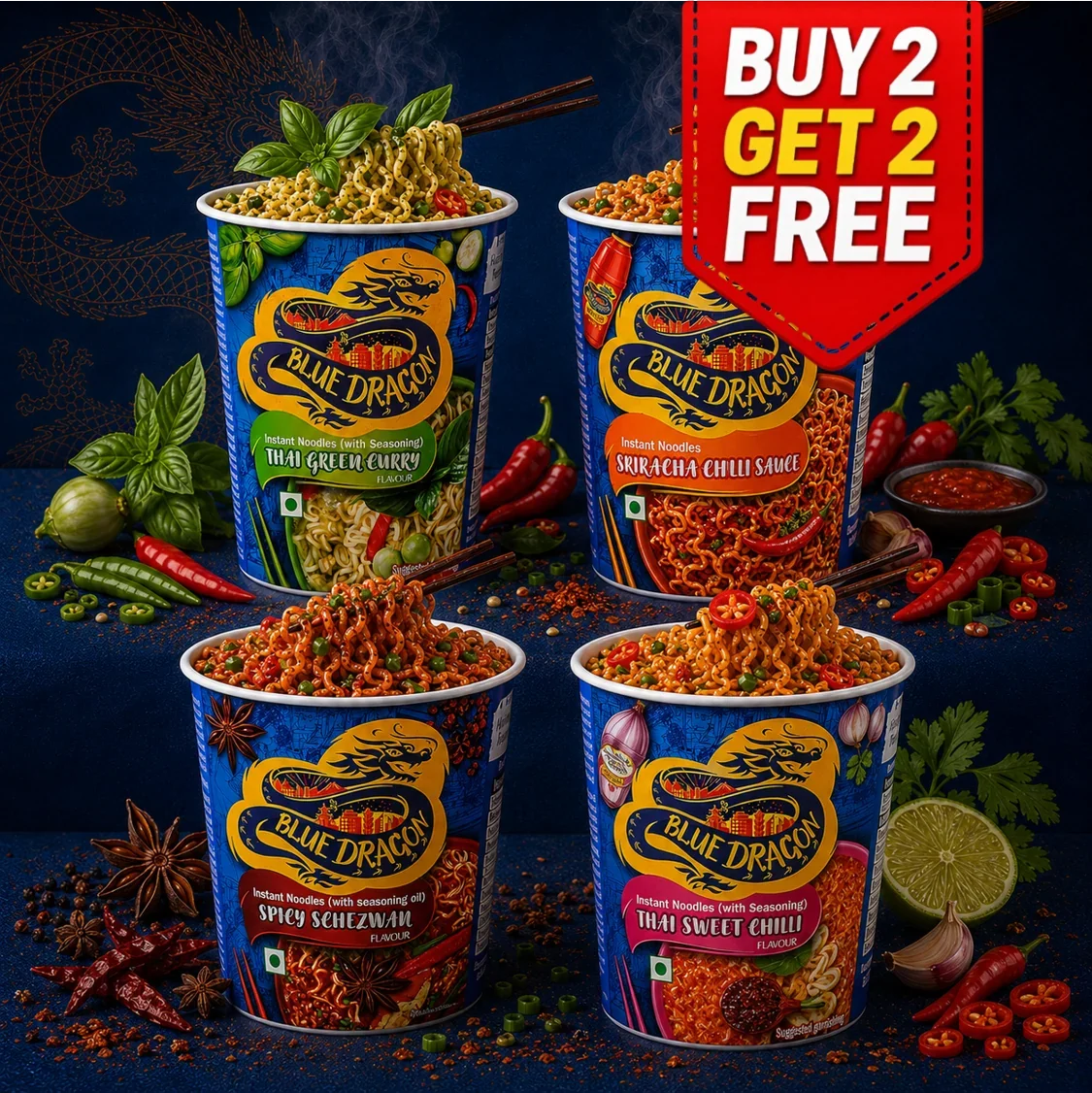 Four Blue Dragon instant noodles cups arranged on a dark blue background with chili peppers, herbs, garlic, and a red 'BUY 2 GET 2 FREE' promotional badge. The cups show different flavor labels including Thai Green Curry, Mackerel Chilli Sauce, Thai Sweet Chilli, and Red Hot Chili.