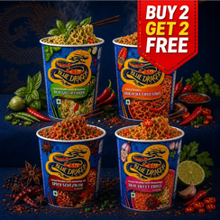 Four Blue Dragon instant noodles cups arranged on a dark blue background with chili peppers, herbs, garlic, and a red 'BUY 2 GET 2 FREE' promotional badge. The cups show different flavor labels including Thai Green Curry, Mackerel Chilli Sauce, Thai Sweet Chilli, and Red Hot Chili.