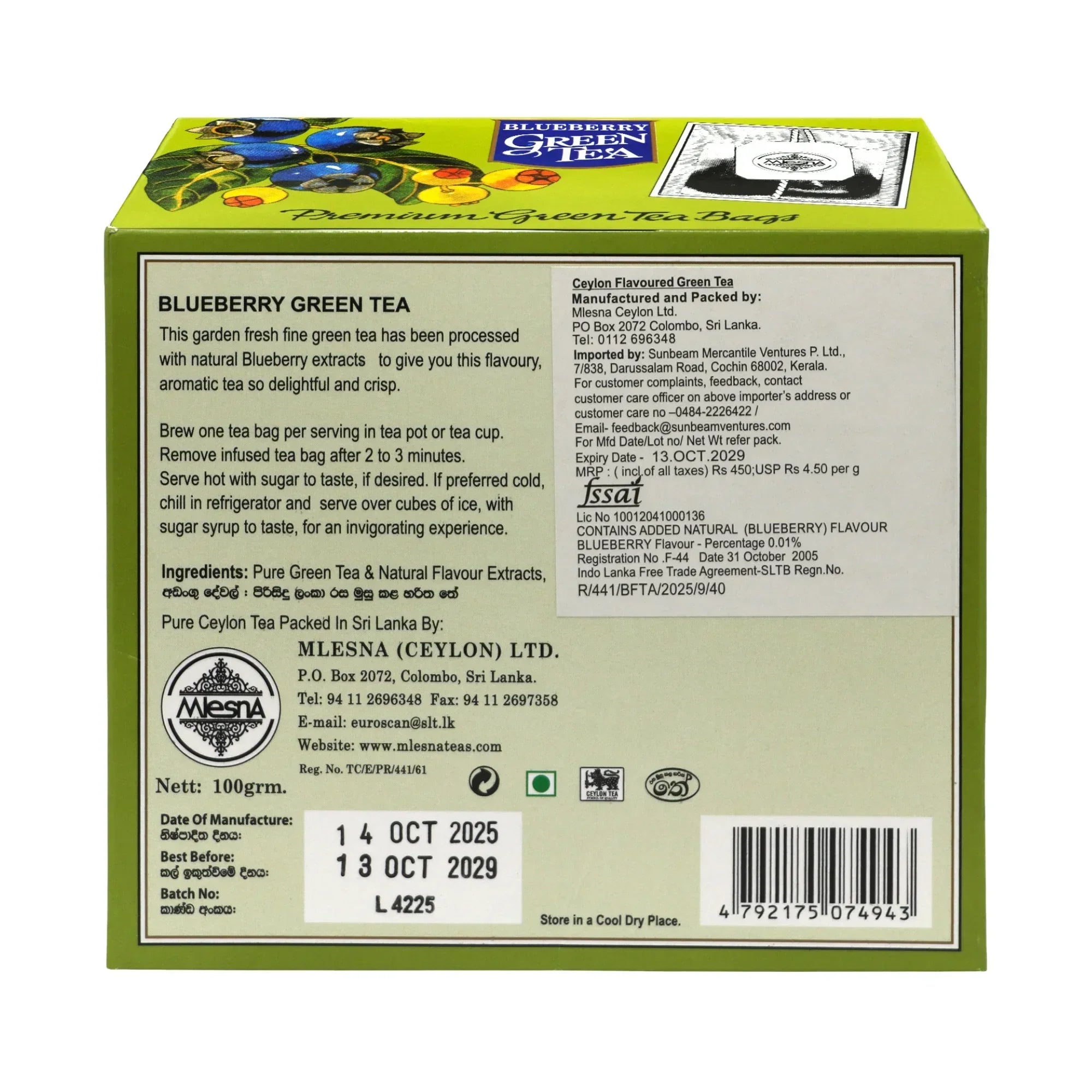 Back of a 100g Blueberry Green Tea box showing product details and brewing instructions