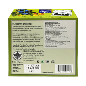 Back of a 100g Blueberry Green Tea box showing product details and brewing instructions