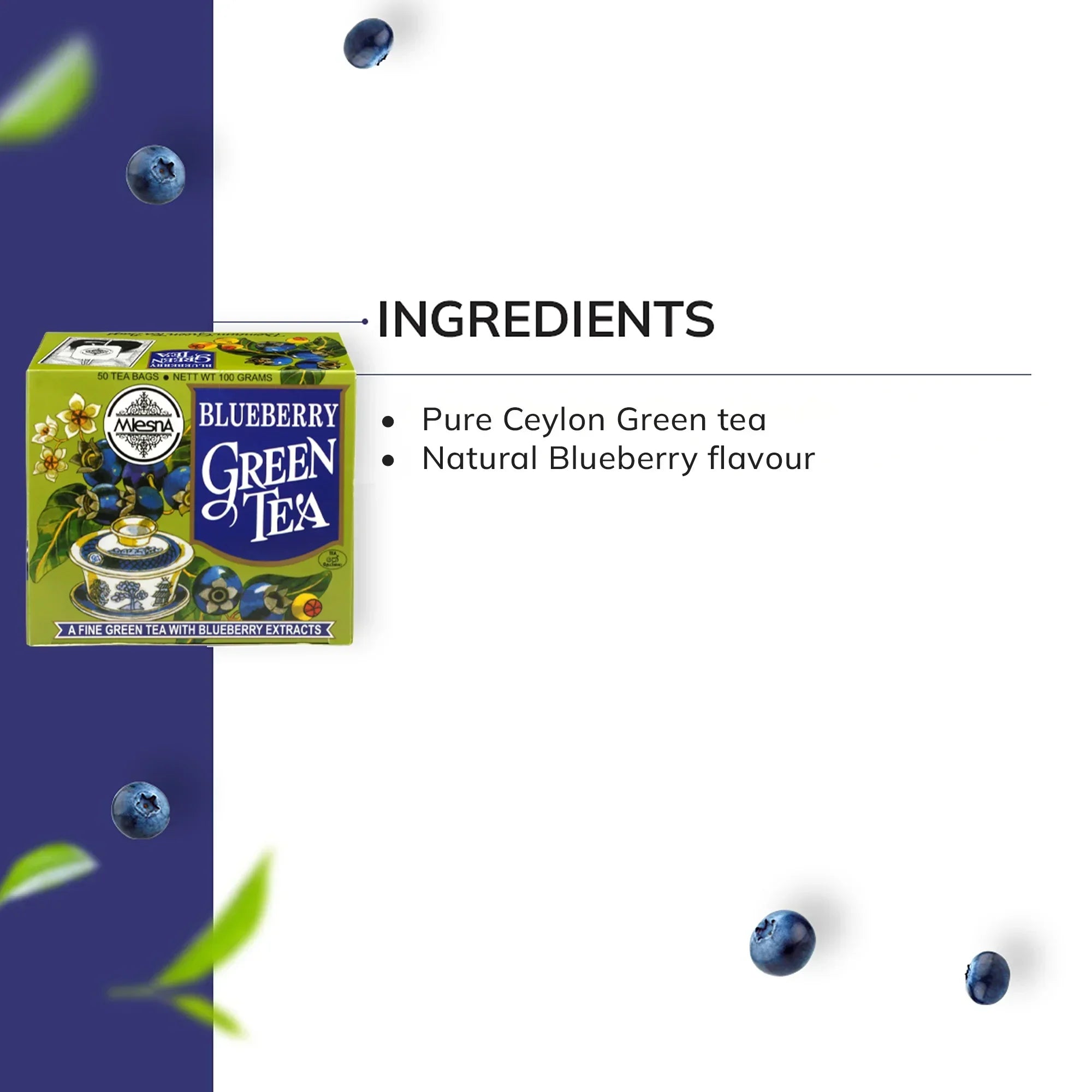 Blueberry green tea box with ingredients list, blueberries, and tea leaves on white background