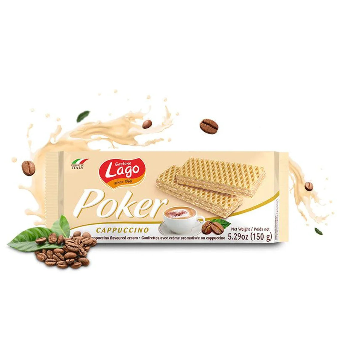 Gastone Lago Poker Cappuccino wafer biscuits with coffee beans and splash on white background