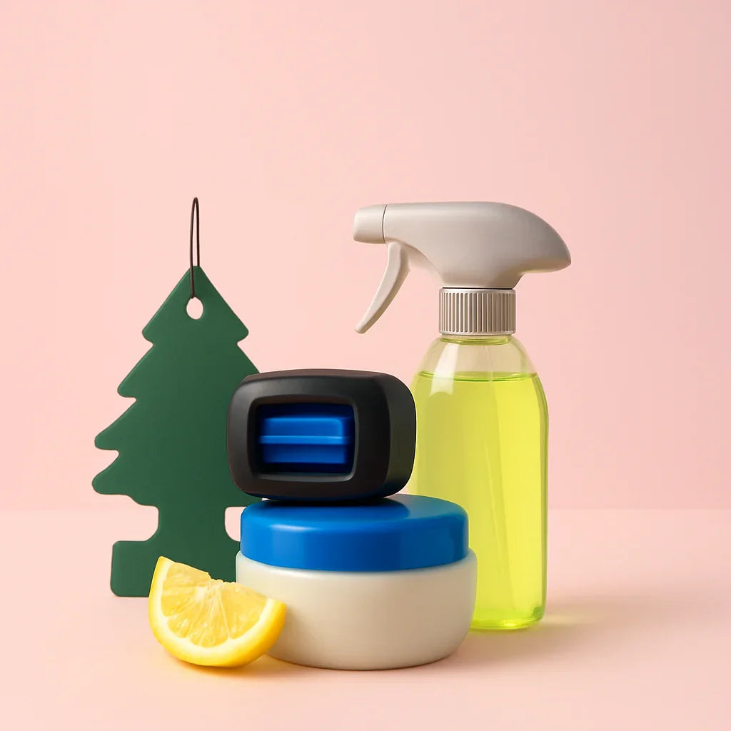 Cleaning products including a spray bottle, container, and lemon wedge on a pink background